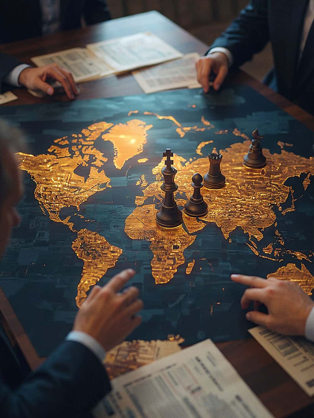 Chess pieces placed on a glowing world map symbolizing strategic decisions