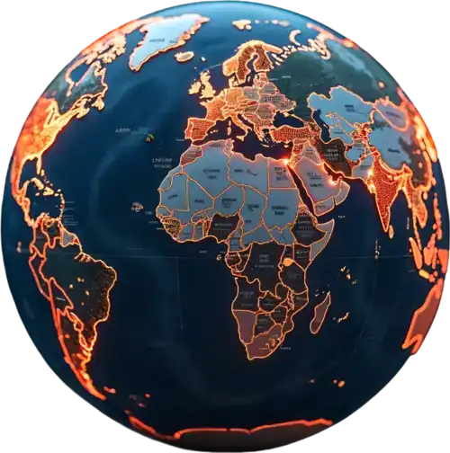 3D globe with illuminated country borders symbolizing global complexity