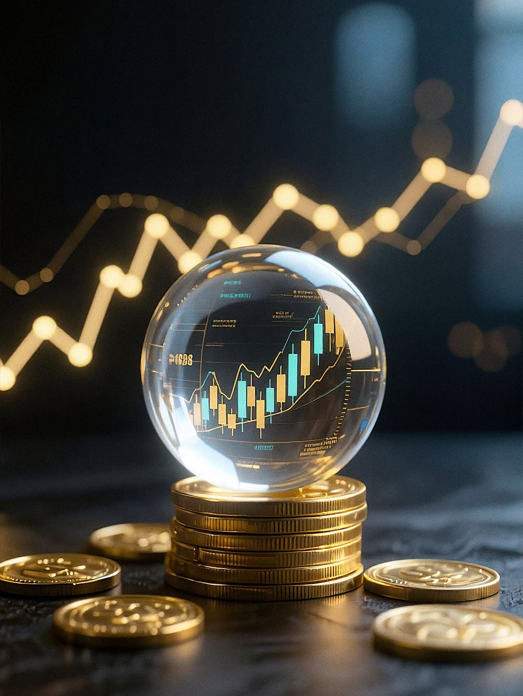Crystal ball with financial growth chart on coins symbolizing foresight