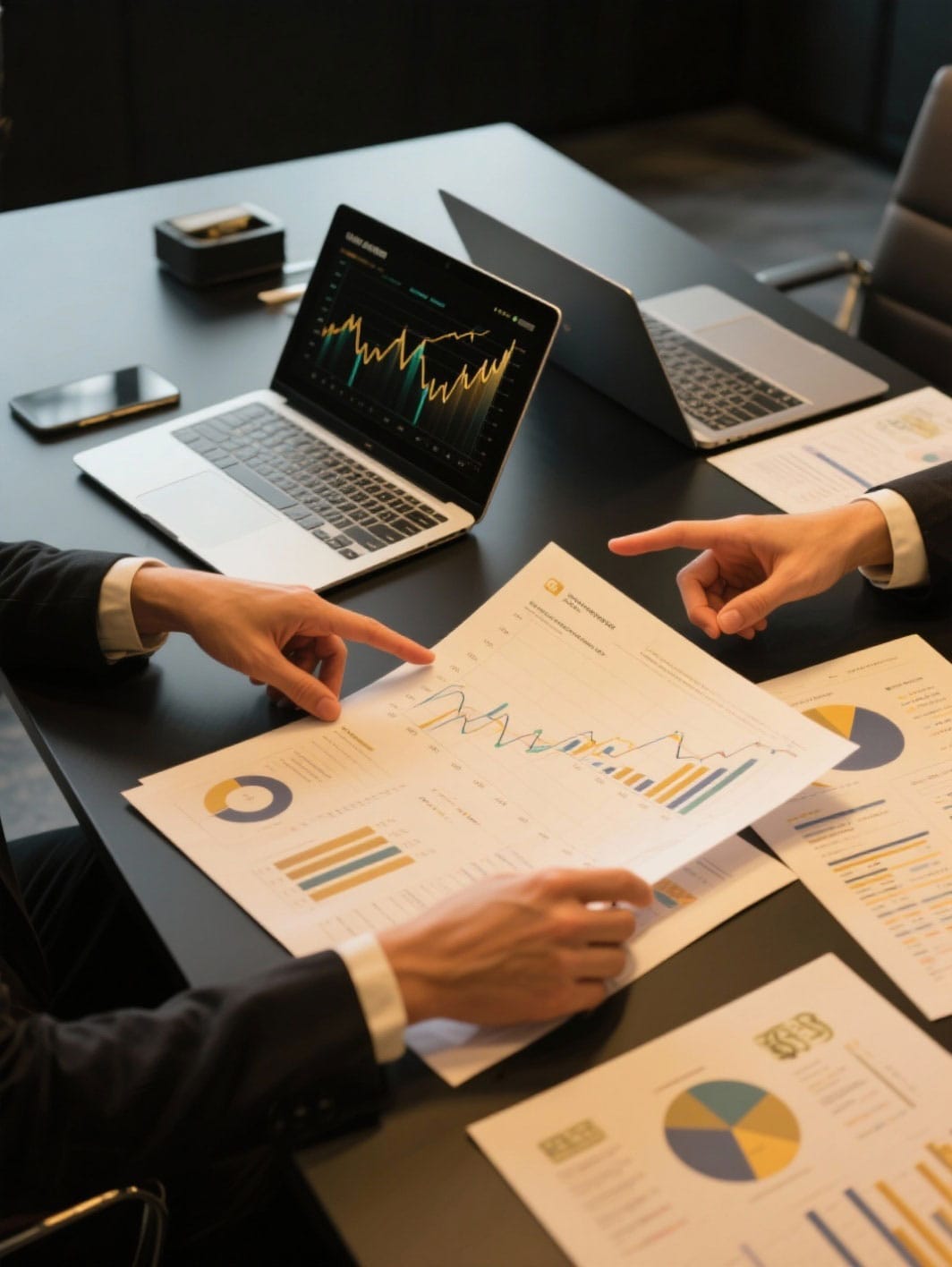 Business meeting with laptops and charts showing data analysis