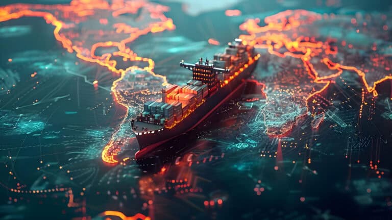 Futuristic container ship sailing on a digital world map symbolizing global trade routes