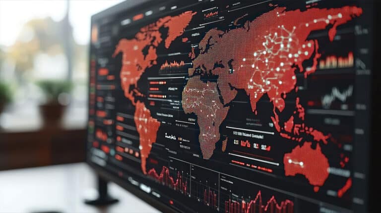 Digital red world map with data visualizations symbolizing operational support